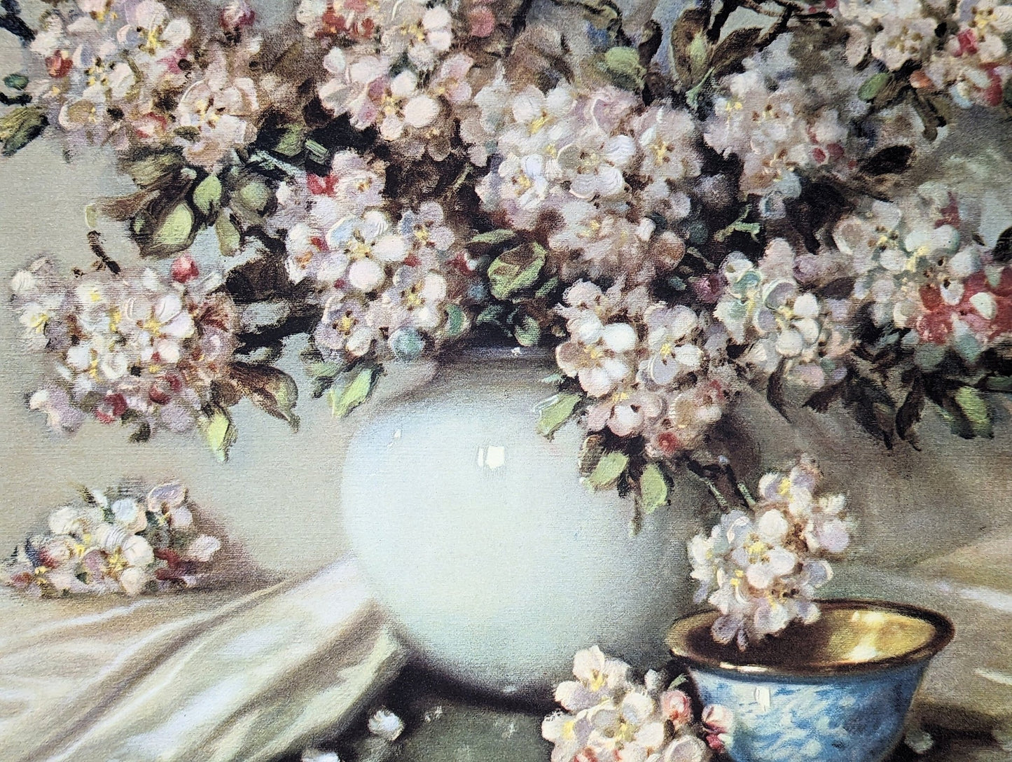 Apple Blossoms by Cãrrièr - mint condition vintage Offset Lithograph printed in 1943 - Pink Flamingos