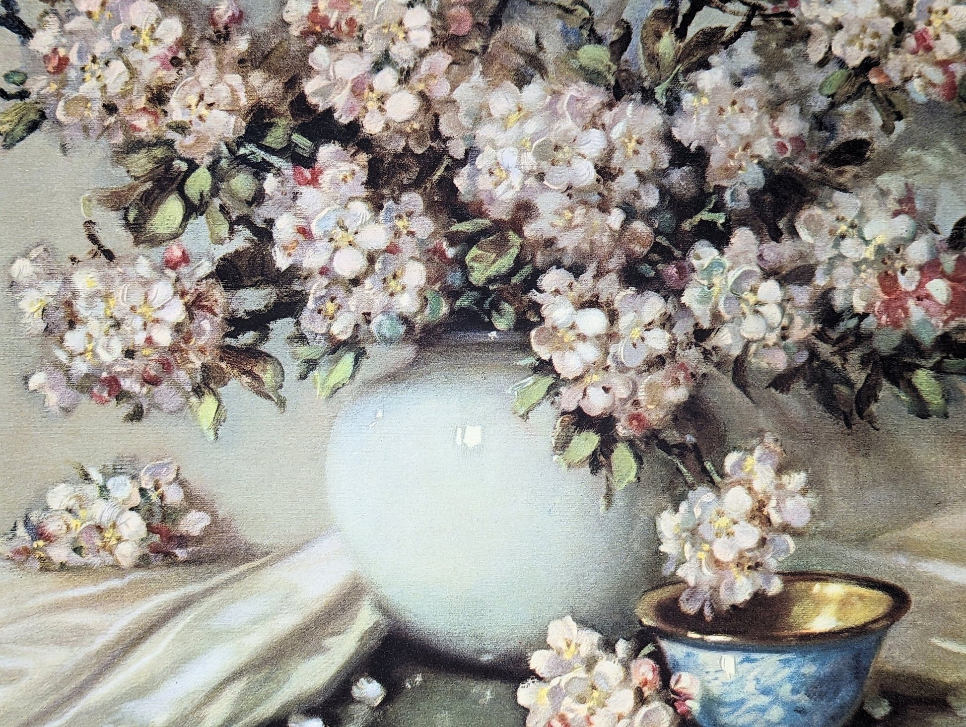 Apple Blossoms by Cãrrièr - mint condition vintage Offset Lithograph printed in 1943 - Pink Flamingos