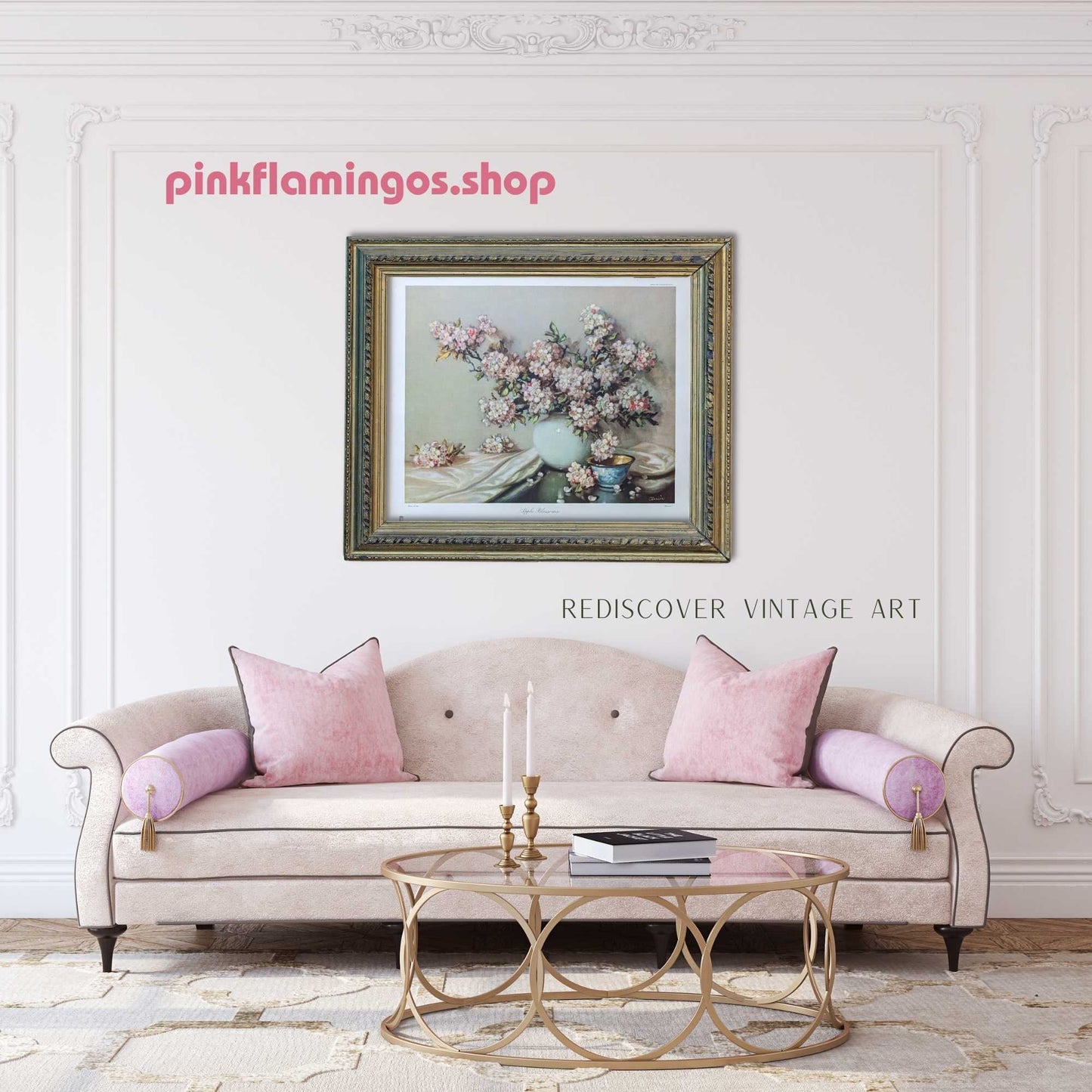 Apple Blossoms by Cãrrièr - mint condition vintage Offset Lithograph printed in 1943 - Pink Flamingos