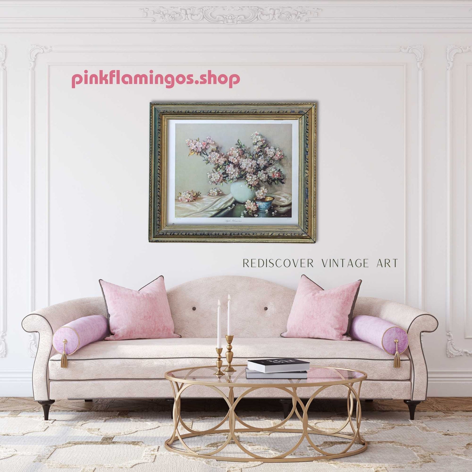 Apple Blossoms by Cãrrièr - mint condition vintage Offset Lithograph printed in 1943 - Pink Flamingos