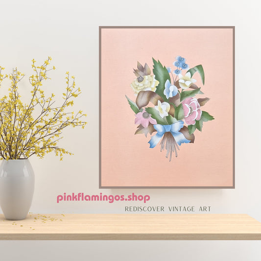 Beautytone Bouquet in Coral by Terone, 1943 mint condition vintage lithograph by Borin Art - Pink Flamingos