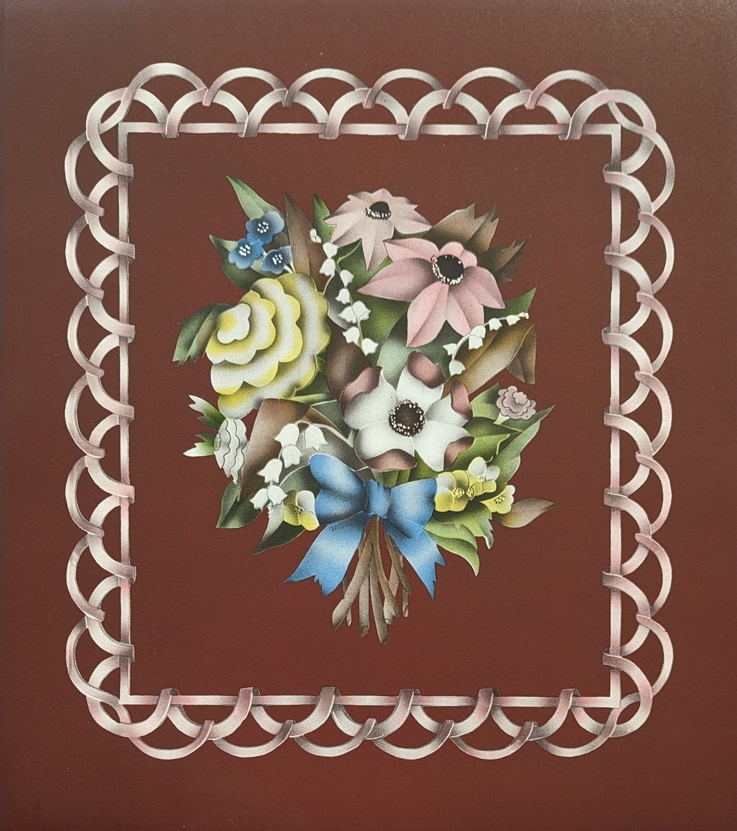 Beautytone Bouquet with Border in Dubonnet by Terone, 1943 mint condition vintage lithograph from Borin Art - Pink Flamingos