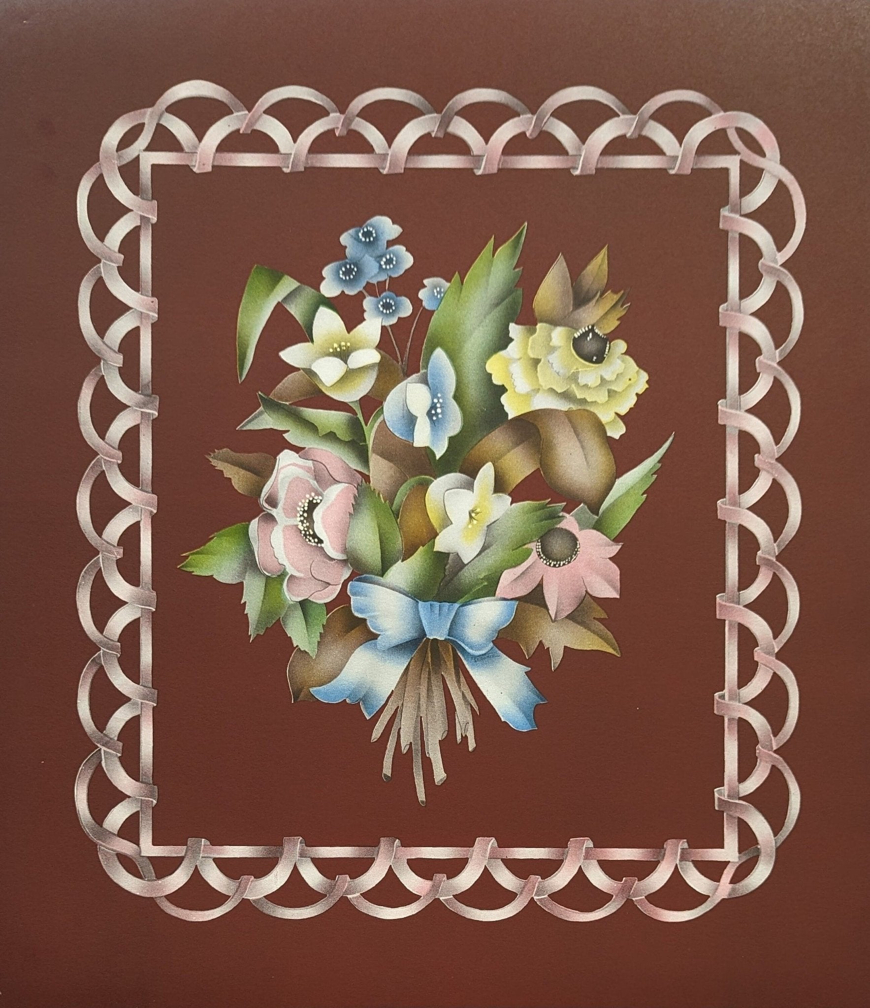 Beautytone Bouquet with Border in Dubonnet by Terone, 1943 mint condition vintage lithograph from Borin Art - Pink Flamingos