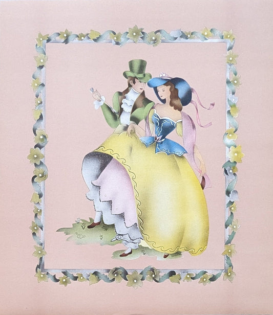 Beautytone Couples Dancing by Terone, 1943 mint condition vintage lithograph from Borin Art - Pink Flamingos