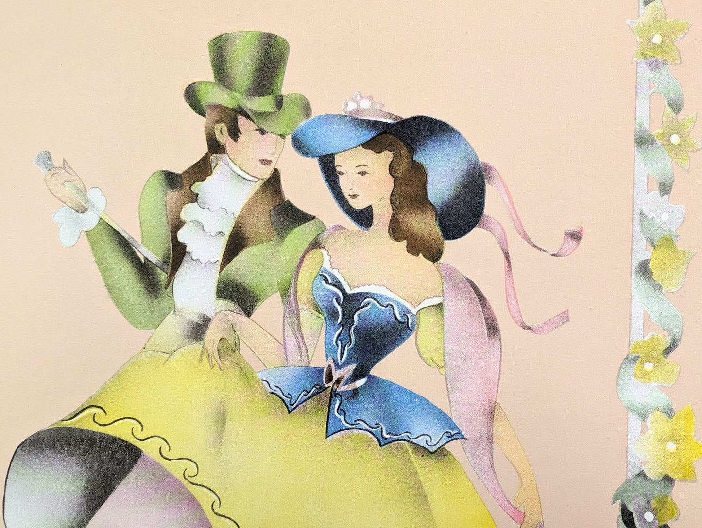 Beautytone Couples Dancing by Terone, 1943 mint condition vintage lithograph from Borin Art - Pink Flamingos