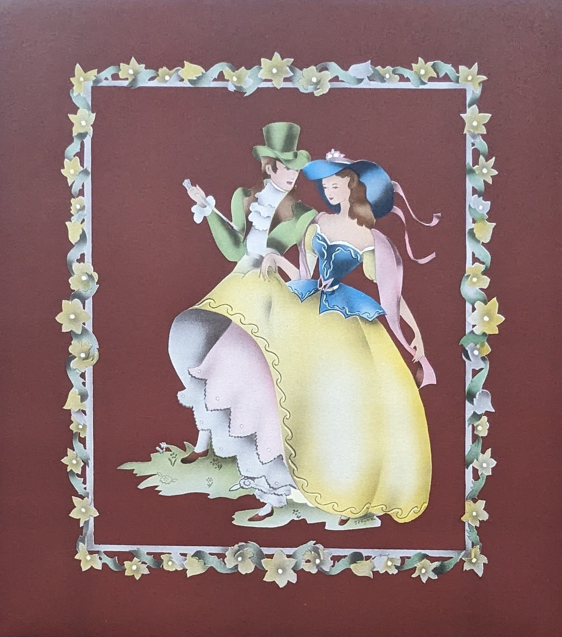 Beautytone Couples Dancing by Terone, 1943 mint condition vintage lithograph from Borin Art - Pink Flamingos