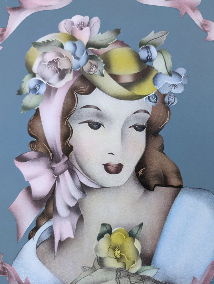 Beautytone Lady Portrait by Terone, 1943 mint condition vintage lithograph from Borin Art - Pink Flamingos