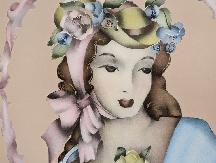 Beautytone Lady Portrait by Terone, 1943 mint condition vintage lithograph from Borin Art - Pink Flamingos