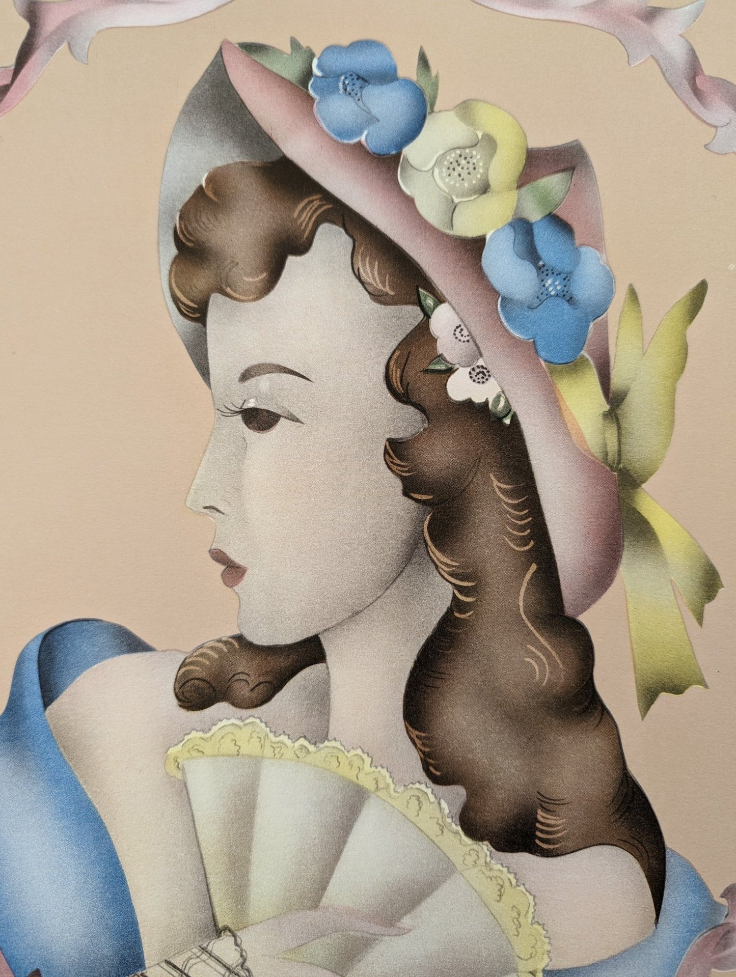 Beautytone Lady Profile by Terone, 1943 mint condition vintage lithograph from Borin Art - Pink Flamingos