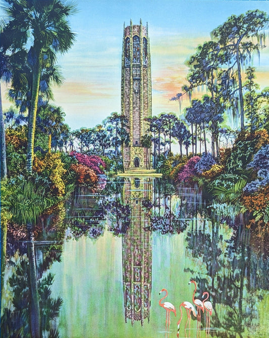 Bok Tower original mint condition vintage lithograph from hand colored photo of the famous Florida landmark by J.P. Ristig - Pink Flamingos