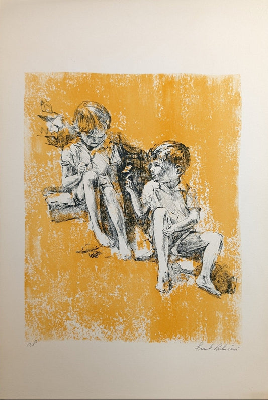 Boy Giving Flower by Frank Palmieri, vintage signed and serial numbered stone lithograph circa 1970 - Stone Lithograph - Pink Flamingos