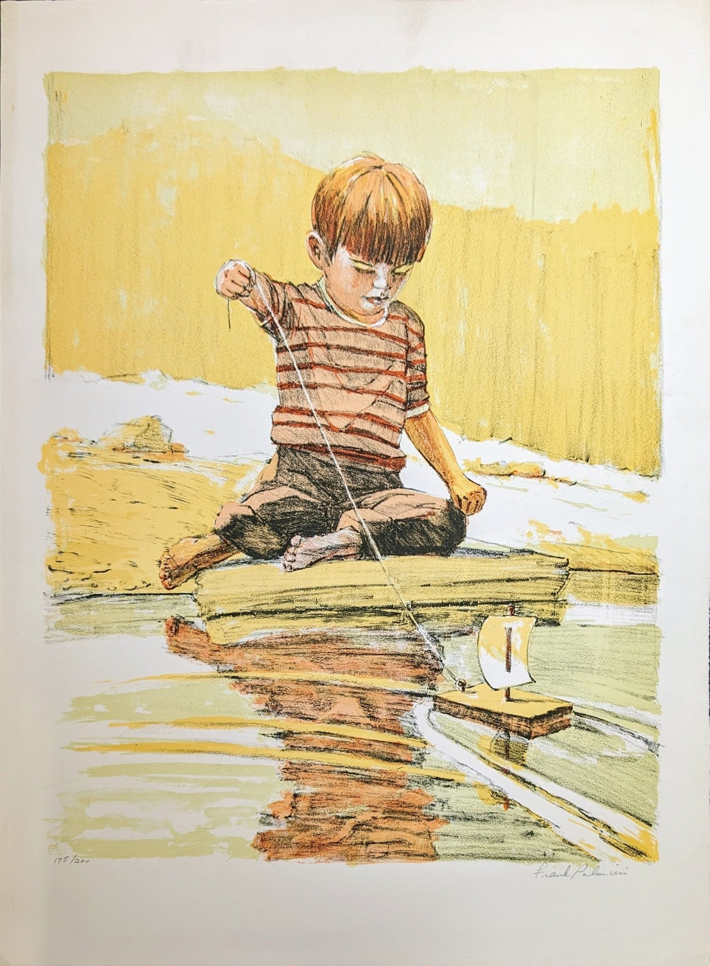 Boy with Sailboat by Frank Palmieri, vintage signed and serial numbered stone lithograph circa 1970 - Stone Lithograph - Pink Flamingos
