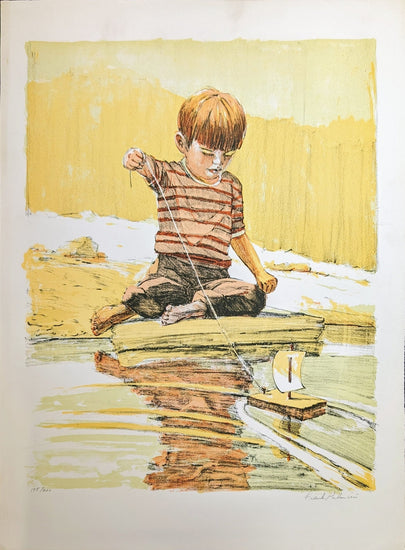 Boy with Sailboat by Frank Palmieri, vintage signed and serial numbered stone lithograph circa 1970 - Stone Lithograph - Pink Flamingos