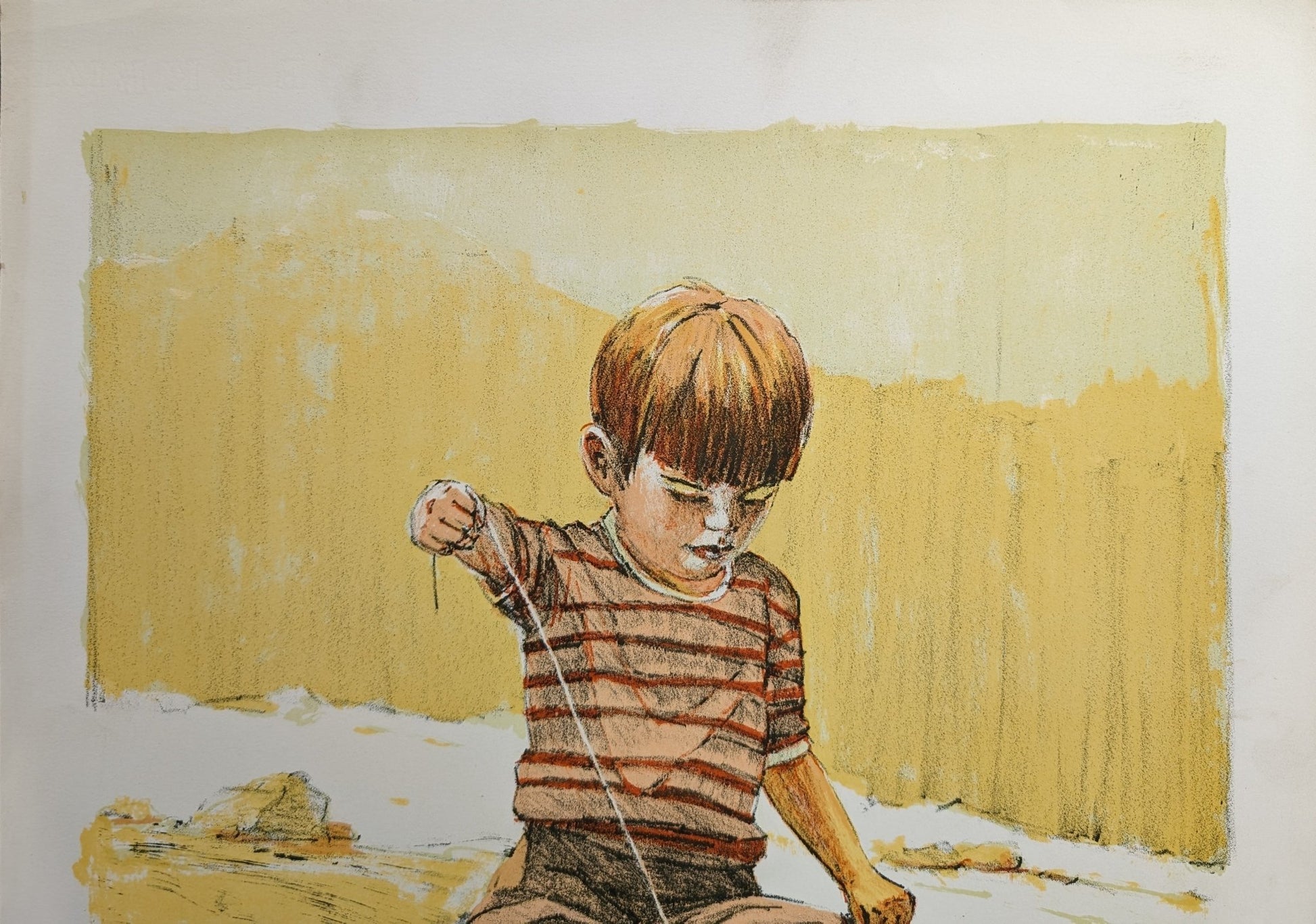Boy with Sailboat by Frank Palmieri, vintage signed and serial numbered stone lithograph circa 1970 - Stone Lithograph - Pink Flamingos