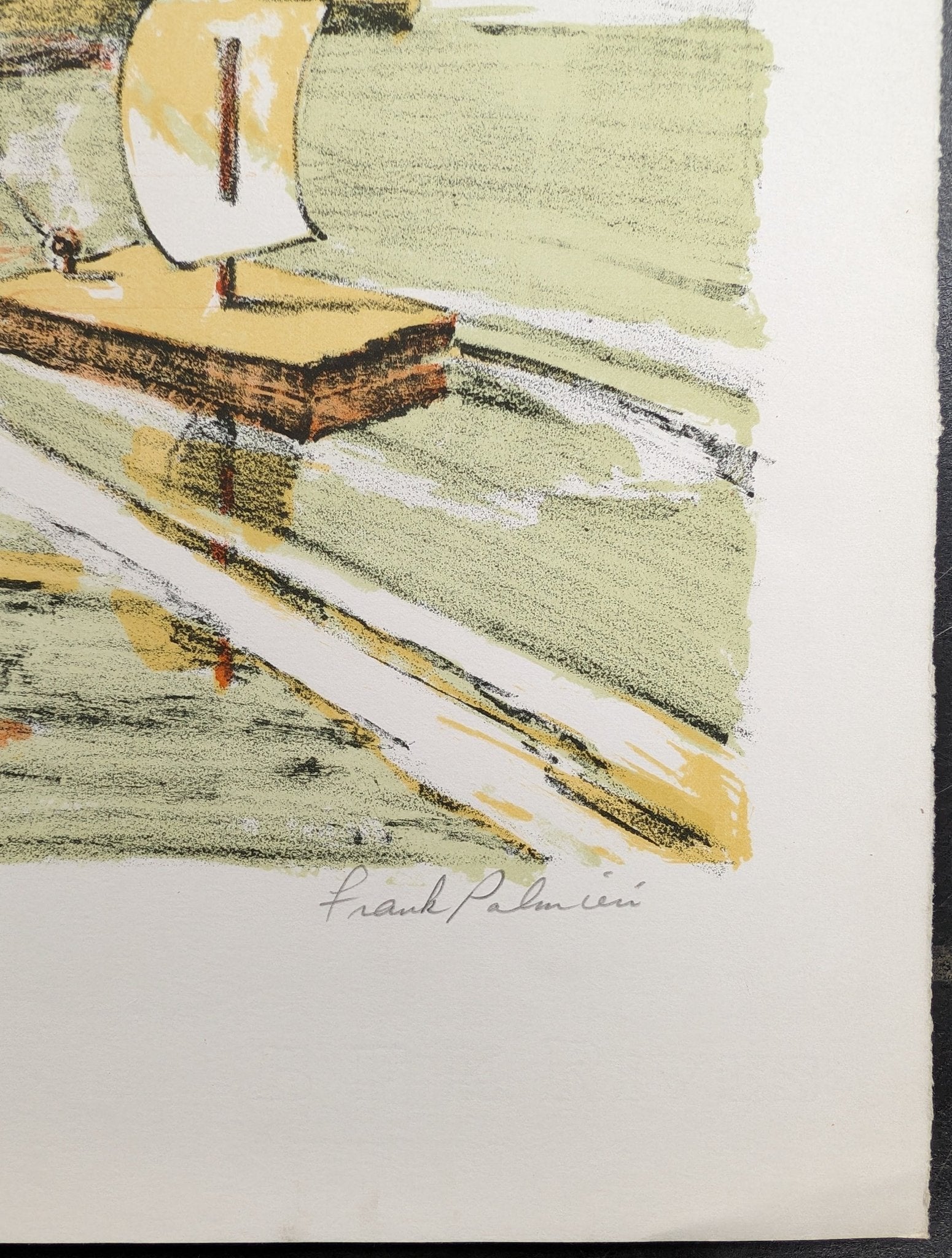 Boy with Sailboat by Frank Palmieri, vintage signed and serial numbered stone lithograph circa 1970 - Stone Lithograph - Pink Flamingos