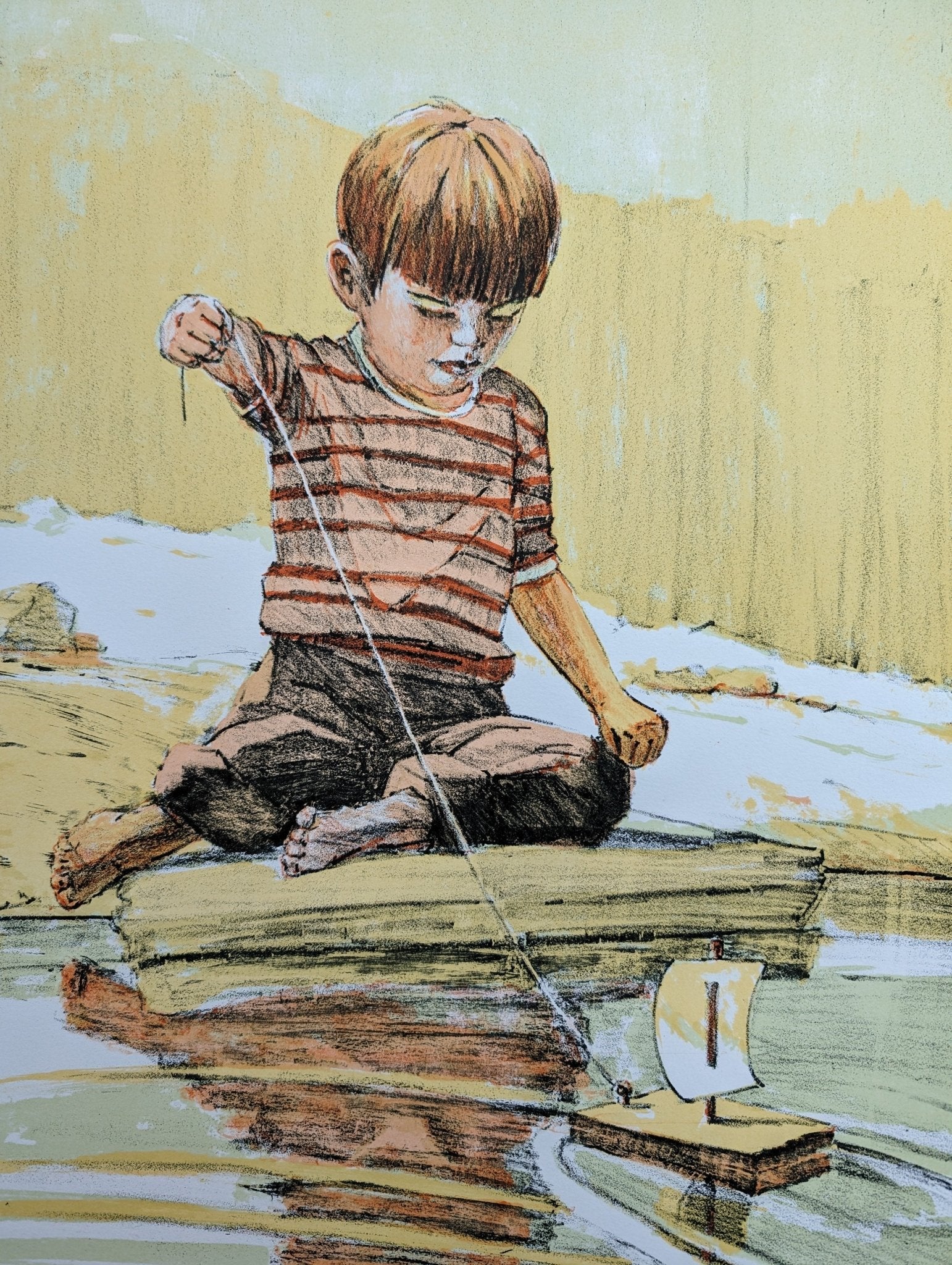 Boy with Sailboat by Frank Palmieri, vintage signed and serial numbered stone lithograph circa 1970 - Stone Lithograph - Pink Flamingos