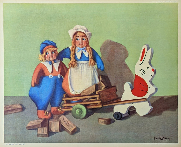 Bunny Taxi Service by Renee Barnes, mint condition vintage nursery art lithograph printed in the 1930s - Pink Flamingos