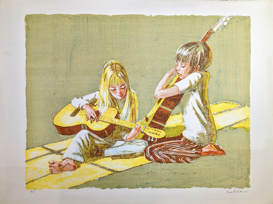 Children's Duet by Frank Palmieri, vintage signed and serial numbered stone lithograph circa 1970 - Stone Lithograph - Pink Flamingos