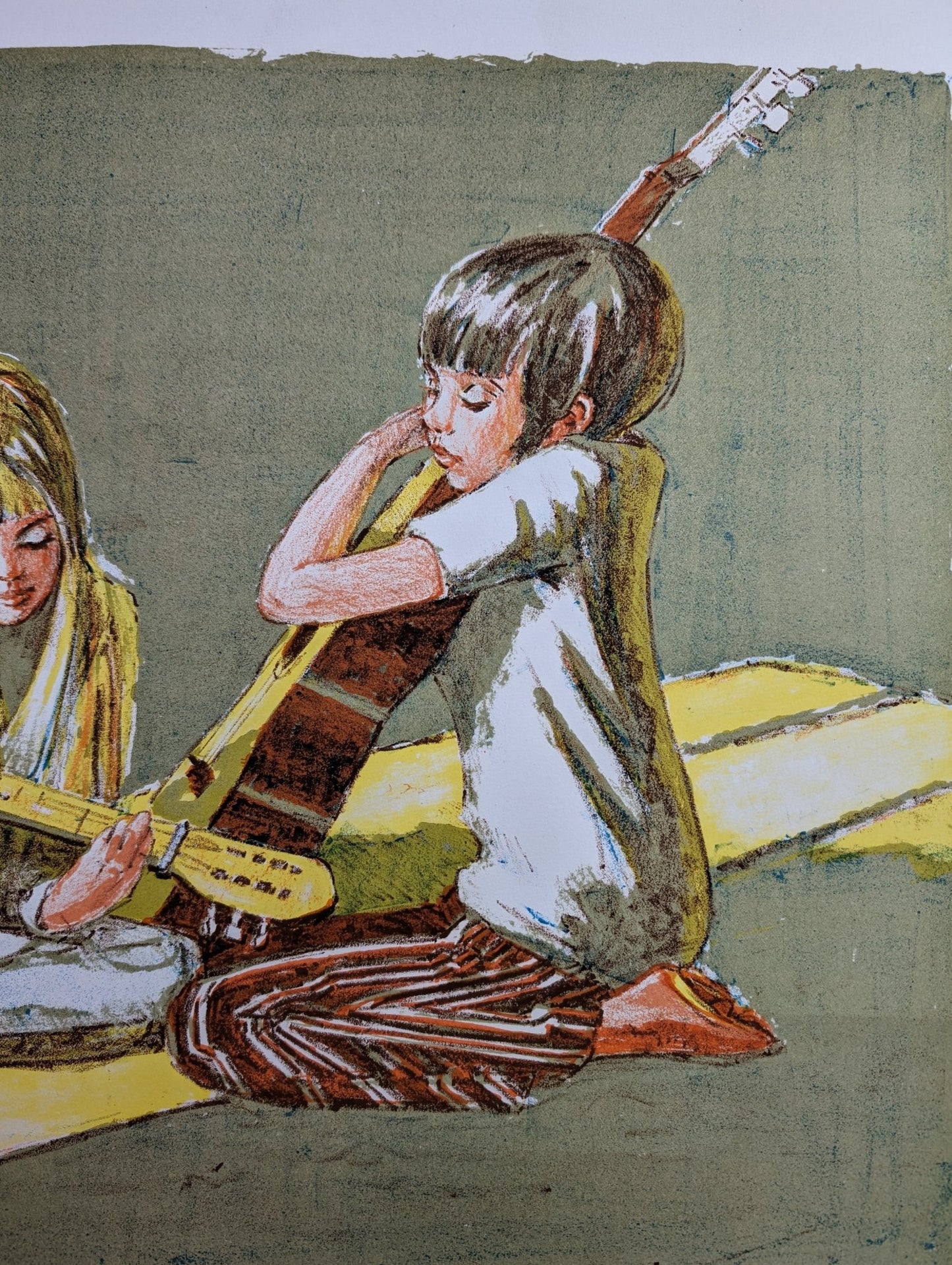 Children's Duet by Frank Palmieri, vintage signed and serial numbered stone lithograph circa 1970 - Stone Lithograph - Pink Flamingos