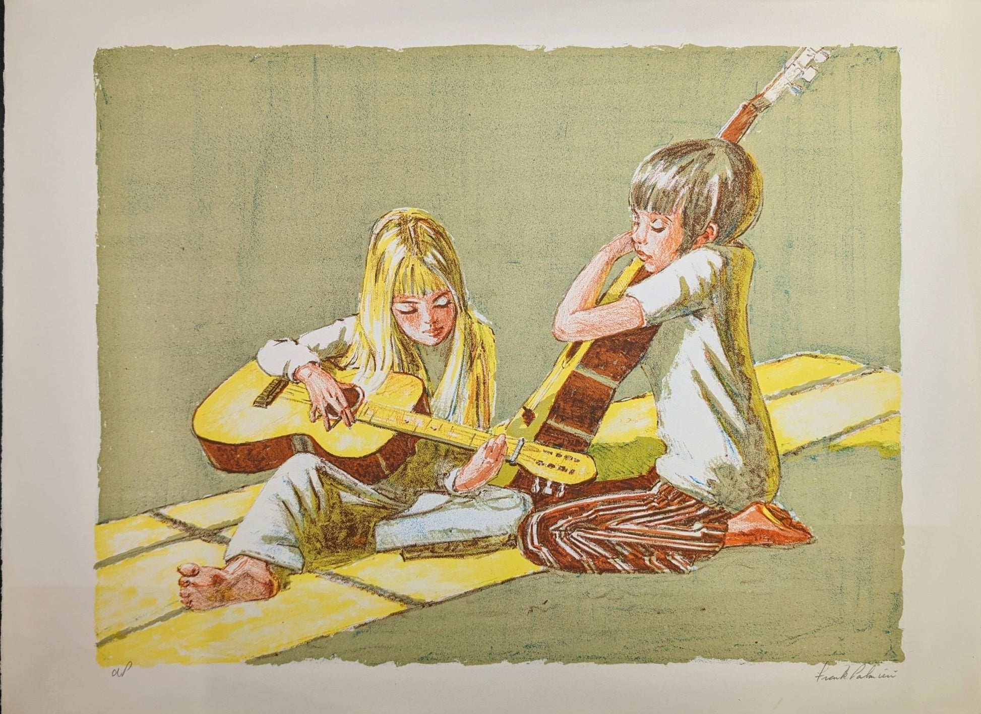Children's Duet by Frank Palmieri, vintage signed and serial numbered stone lithograph circa 1970 - Stone Lithograph - Pink Flamingos