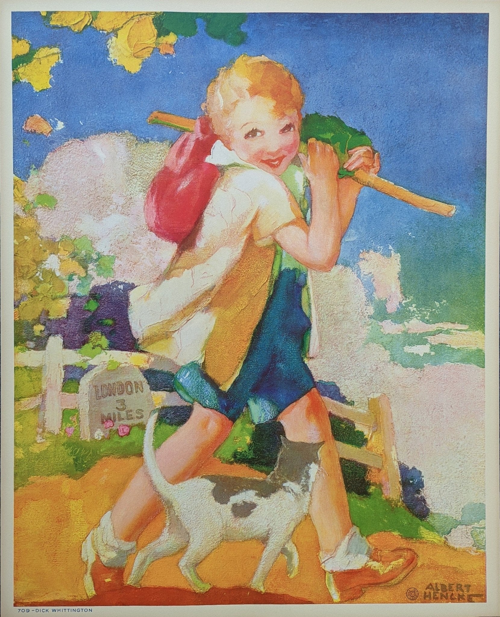 Dick Whittington by Hencke, mint condition authentic vintage lithograph printed in the 1930s - Pink Flamingos