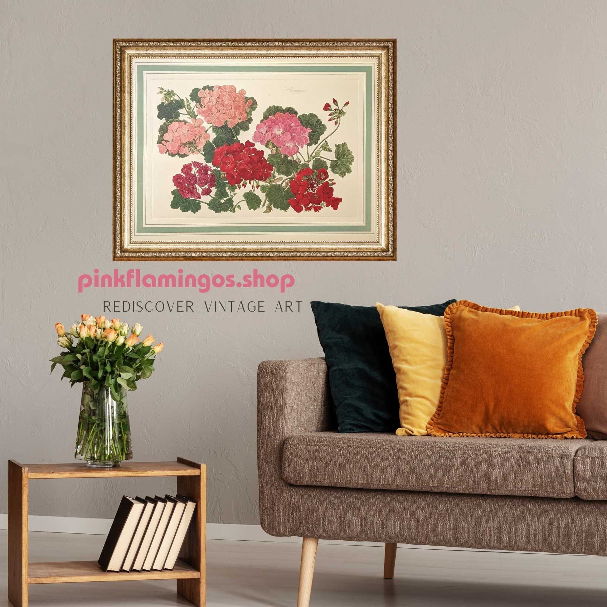 Geranium by Dorothy Platt, mint condition vintage botanical collotype printed in 1950 - Pink Flamingos
