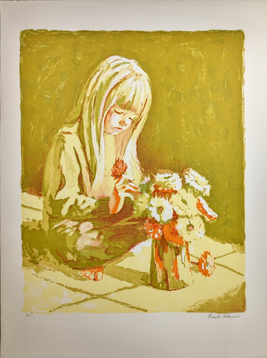 Girl Arranging Flowers by Frank Palmieri, vintage signed and serial numbered stone lithograph circa 1970 - Stone Lithograph - Pink Flamingos