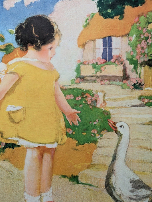 Goosy Goosy Gander by Hencke, mint condition authentic vintage lithograph printed in the 1930s - Pink Flamingos