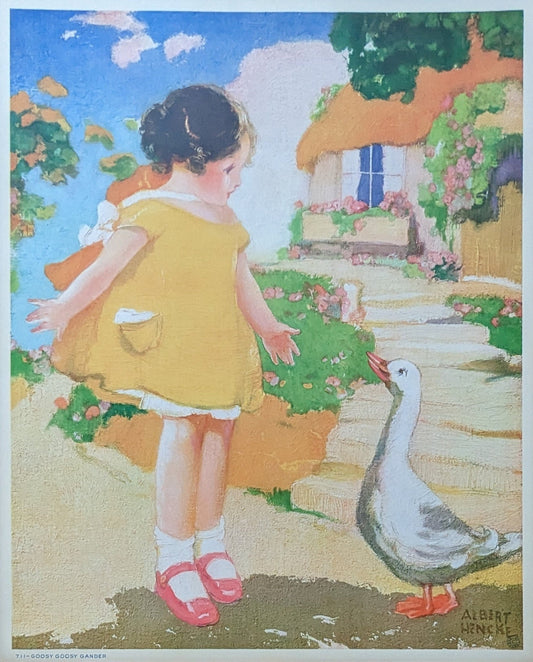 Goosy Goosy Gander by Hencke, mint condition authentic vintage lithograph printed in the 1930s - Pink Flamingos