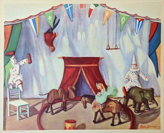 Humpty Dumpty Circus by Renee Barnes, mint condition authentic vintage lithograph printed in the 1930s - Offset Lithograph - Pink Flamingos