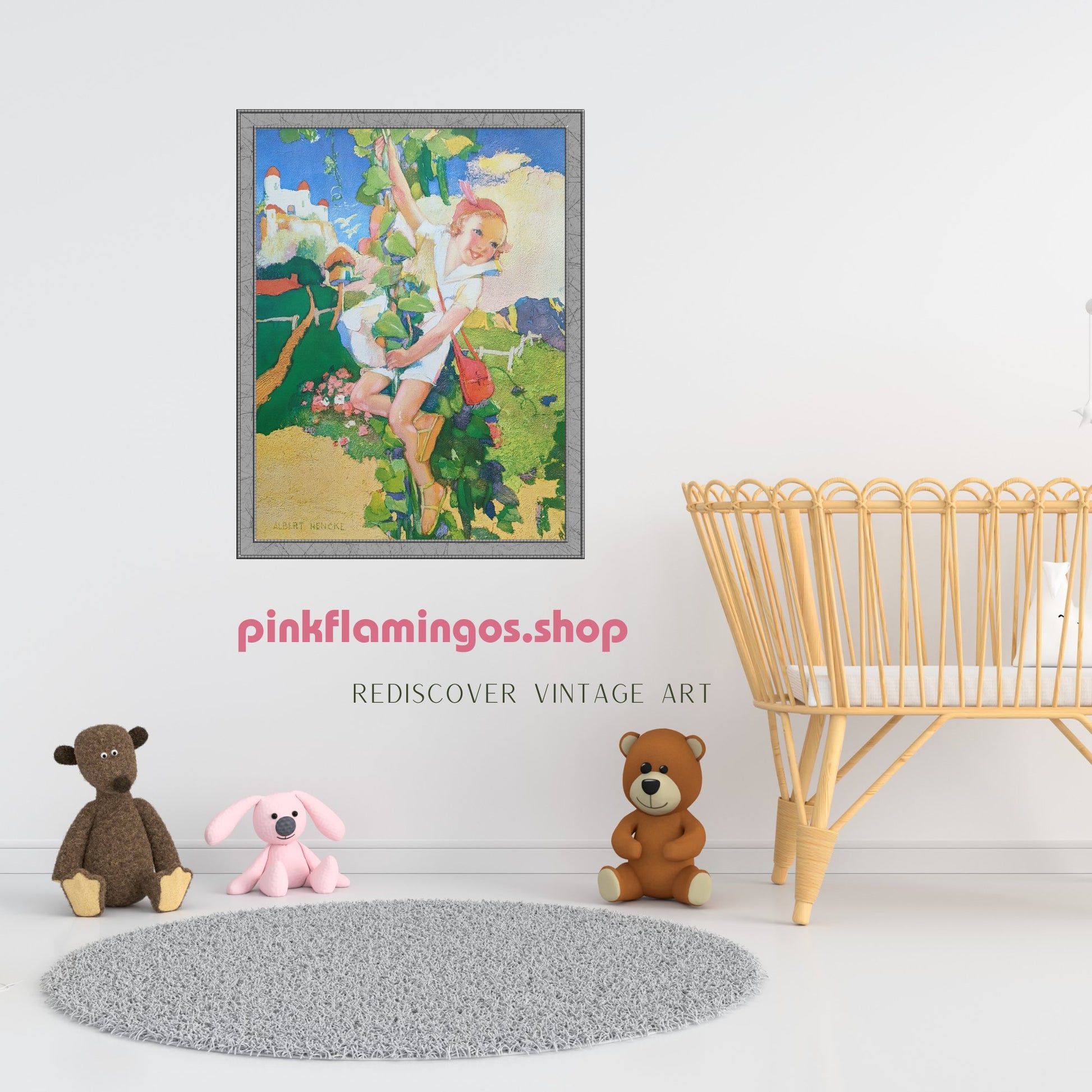 Jack and the Beanstalk by Hencke, mint condition authentic vintage lithograph printed in the 1930s - Offset Lithograph - Pink Flamingos