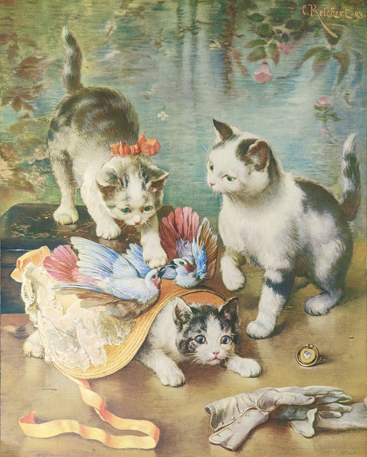 Kittens by Reichert, authentic mint condition vintage lithograph printed in the 1960s-1970s - Pink Flamingos