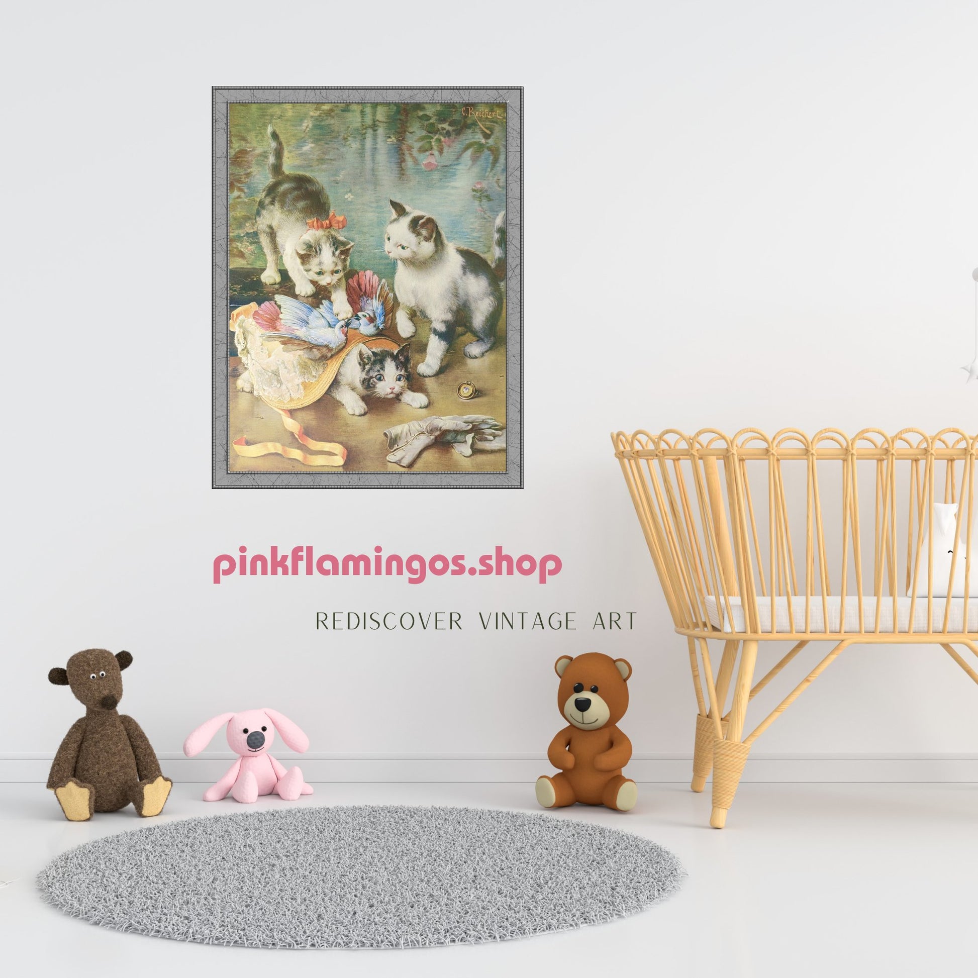 Kittens by Reichert, authentic mint condition vintage lithograph printed in the 1960s-1970s - Pink Flamingos