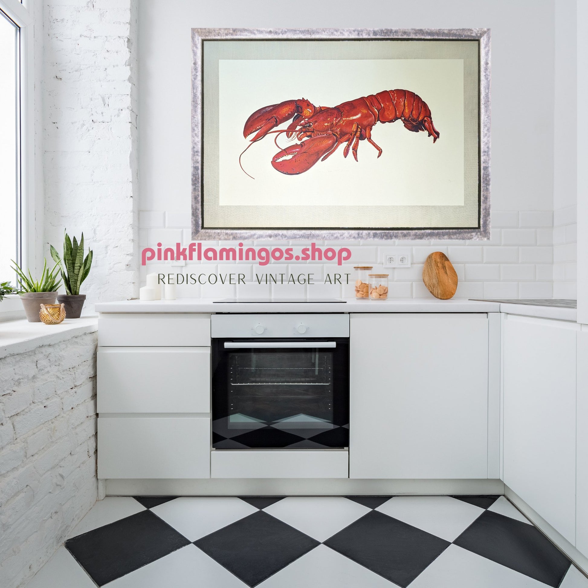 Lobster by A.P. Lowrie, large mint condition vintage collotype printed in 1950 - Collotype - Pink Flamingos