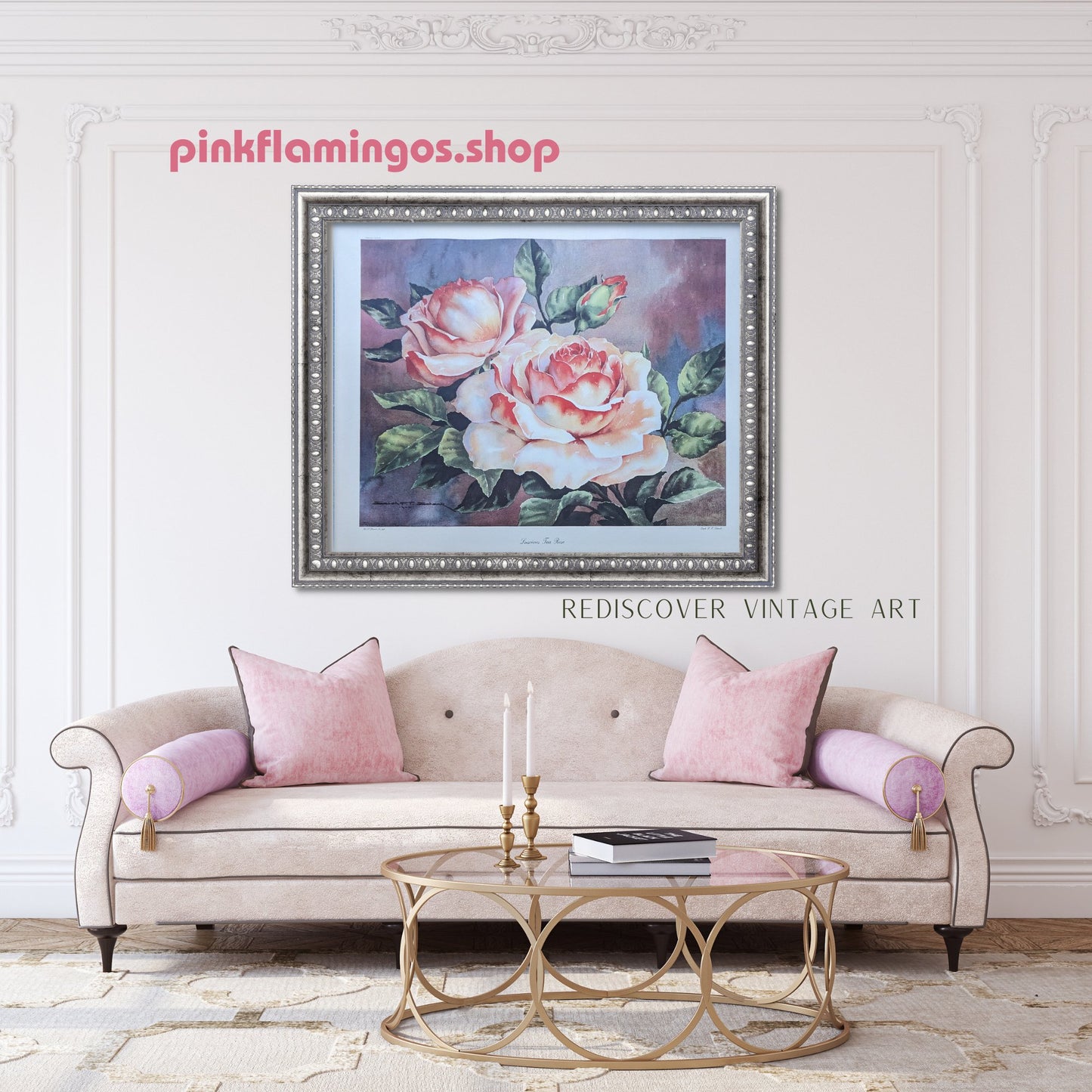 Luscious Tea Rose by Schenk, large authentic vintage mint condition floral lithograph printed in 1947 - Offset Lithograph - Pink Flamingos
