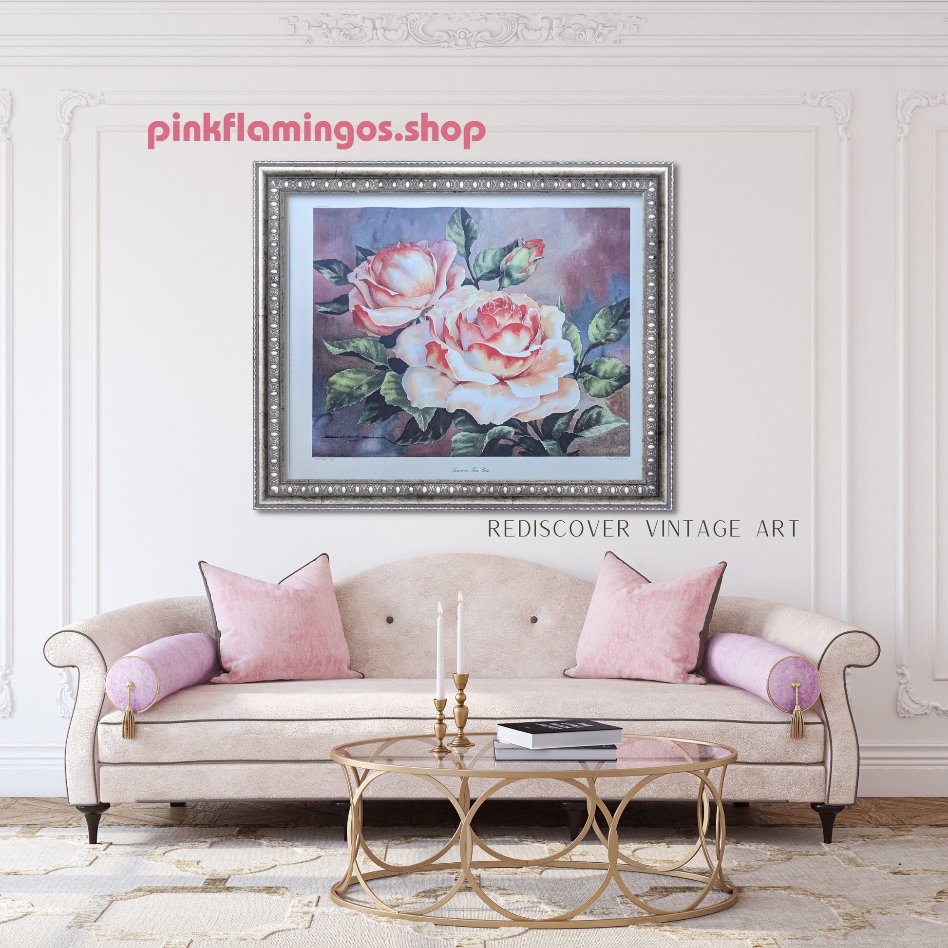 Luscious Tea Rose by Schenk, large authentic vintage mint condition floral lithograph printed in 1947 - Offset Lithograph - Pink Flamingos