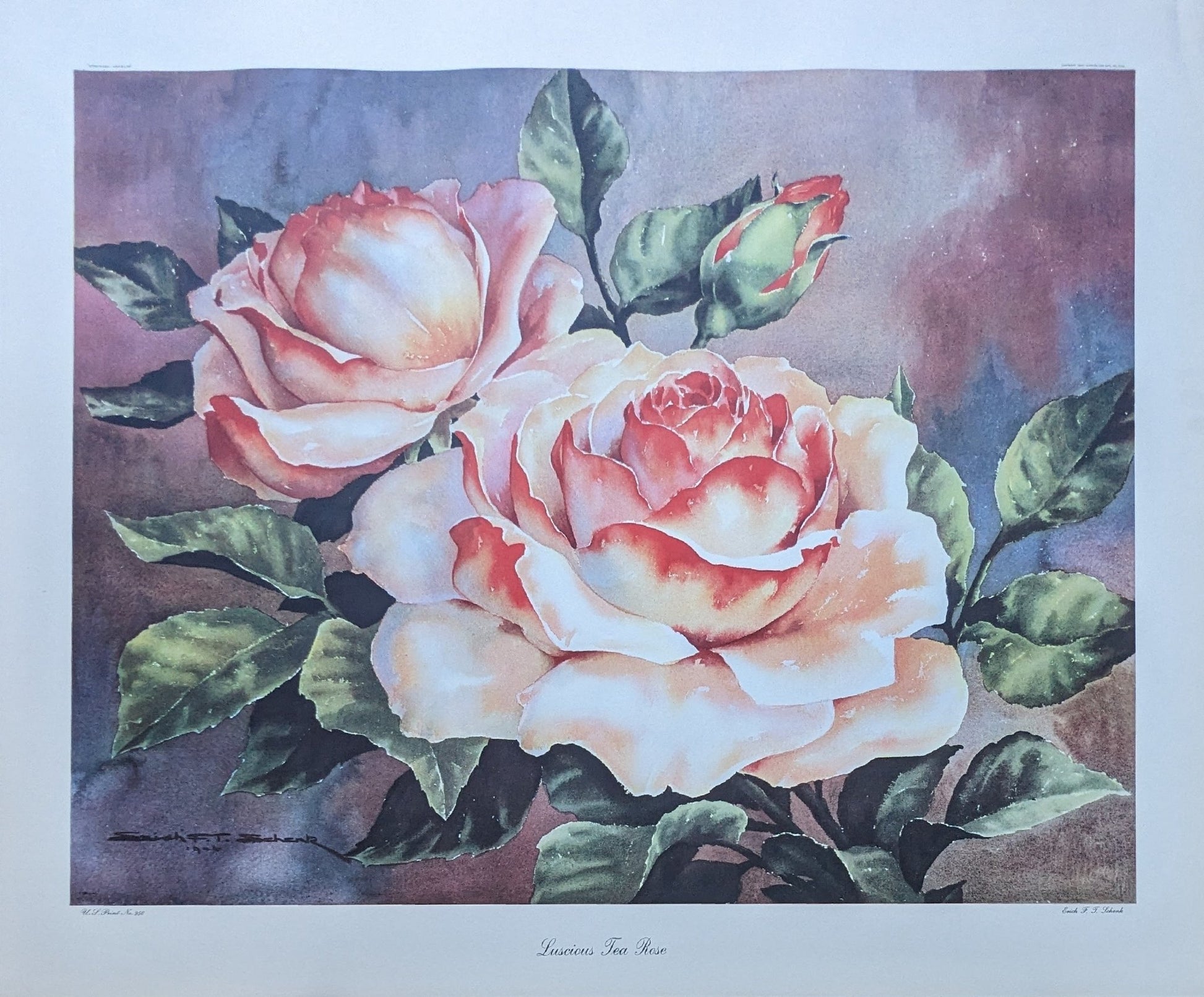 Luscious Tea Rose by Schenk, large authentic vintage mint condition floral lithograph printed in 1947 - Offset Lithograph - Pink Flamingos