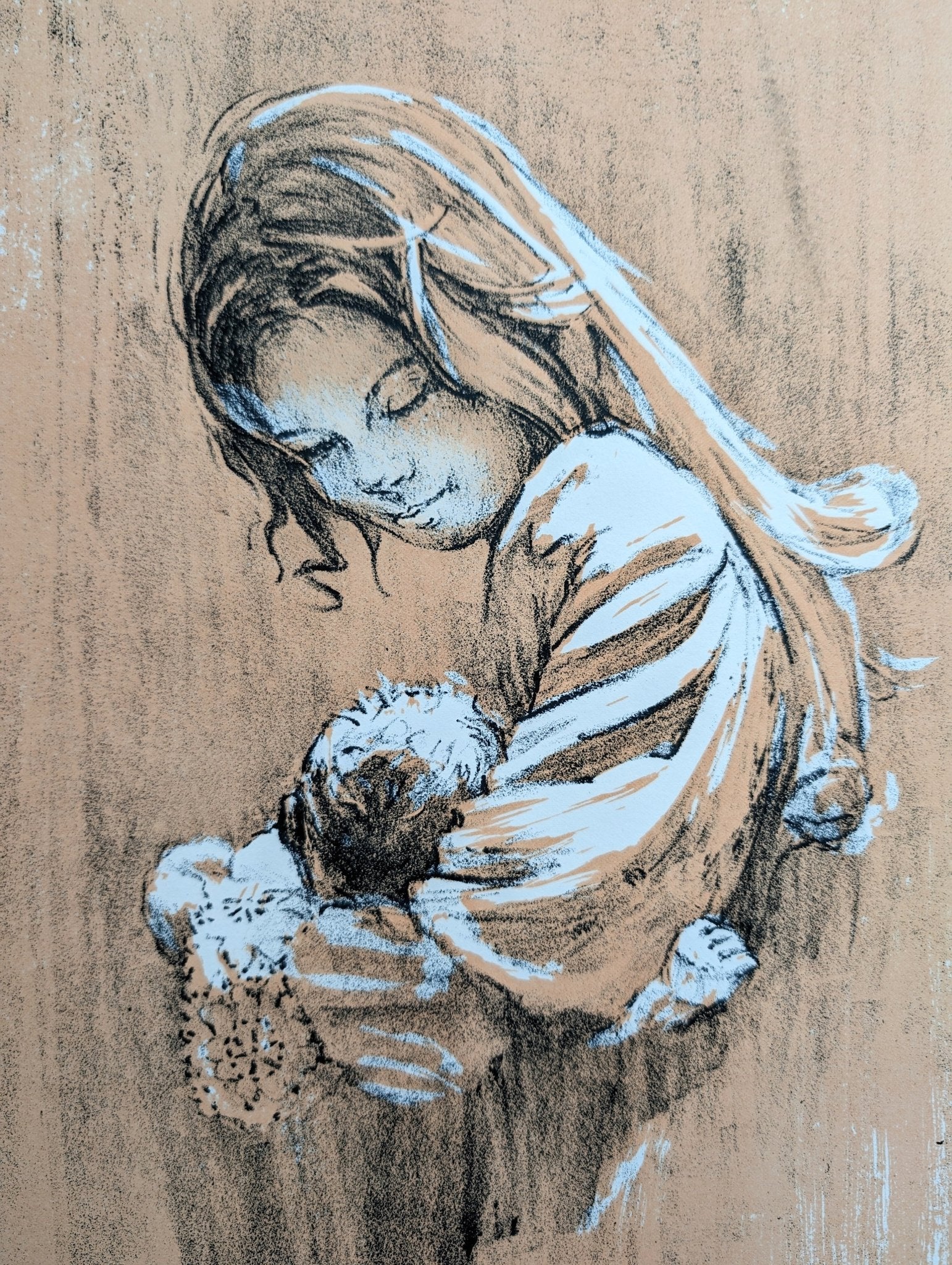Mother and Baby by Frank Palmieri, vintage signed and serial numbered stone lithograph circa 1970 - Stone Lithograph - Pink Flamingos