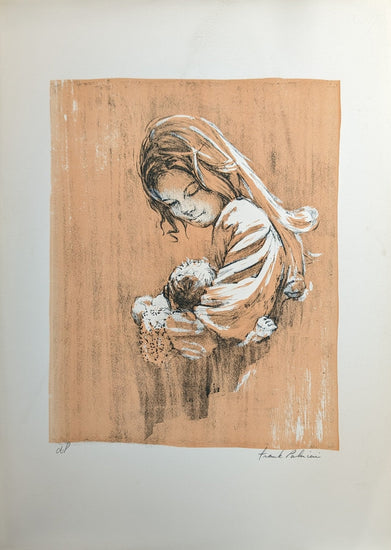 Mother and Baby by Frank Palmieri, vintage signed and serial numbered stone lithograph circa 1970 - Stone Lithograph - Pink Flamingos