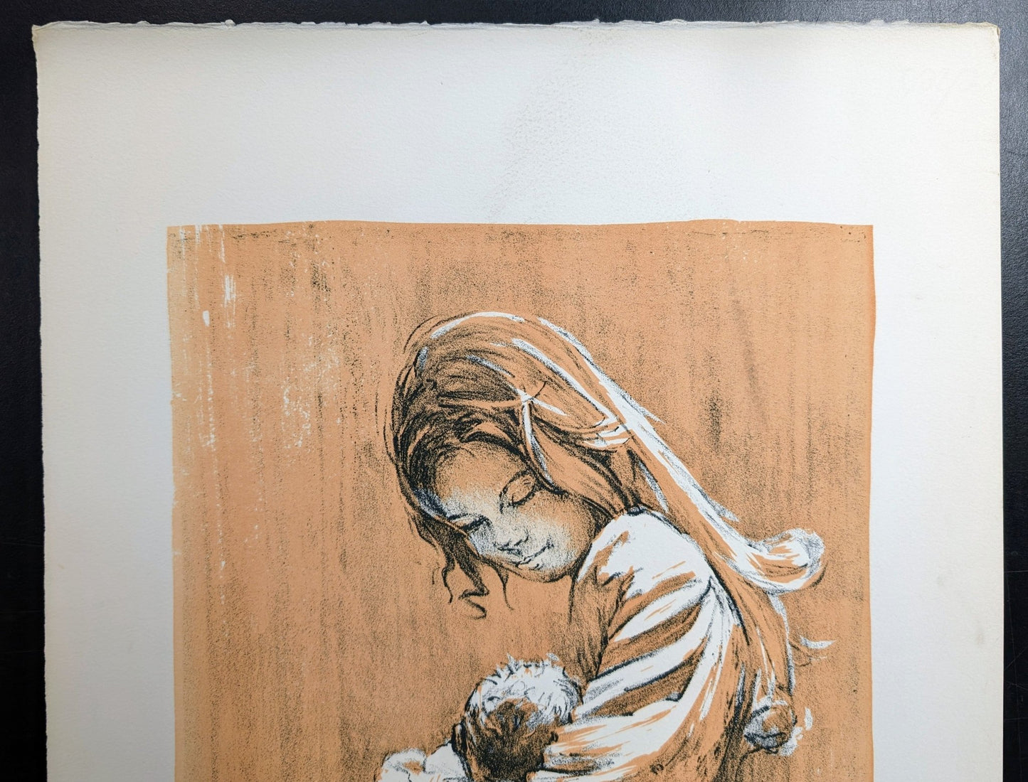 Mother and Baby by Frank Palmieri, vintage signed and serial numbered stone lithograph circa 1970 - Stone Lithograph - Pink Flamingos