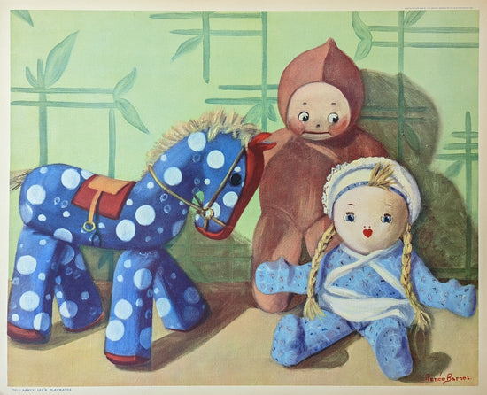 Nancy Lee's Playmates by artist Renee Barnes, original mint condition lithograph from 1936 - Offset Lithograph - Pink Flamingos