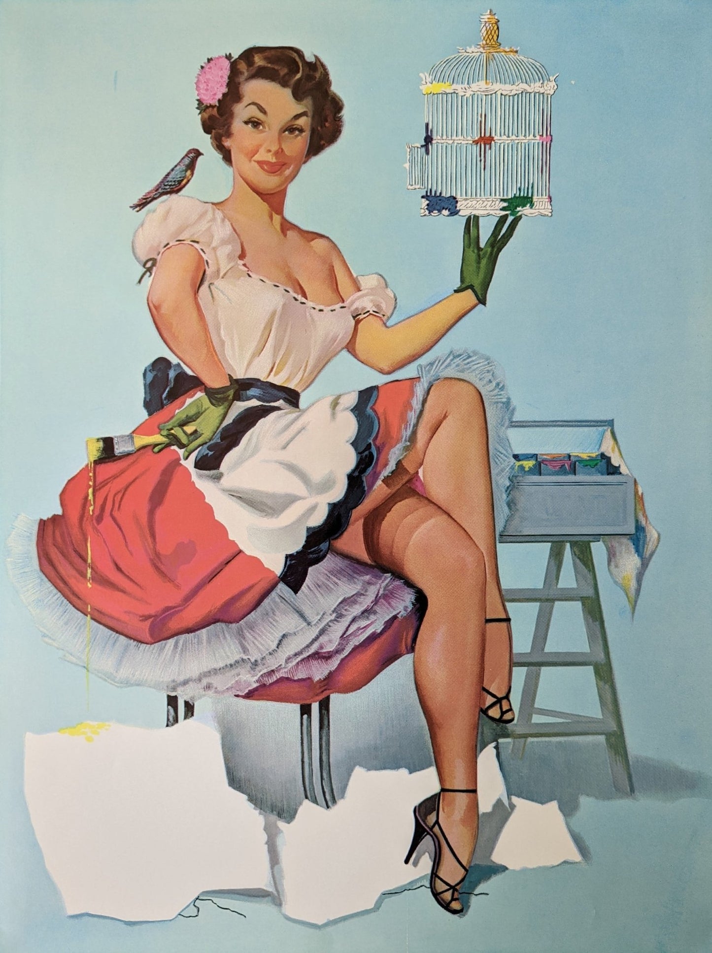 Painting the Birdcage by artist Peter Darro, mint condition vintage lithograph pinup printed in the 1950s-1970s - Pink Flamingos