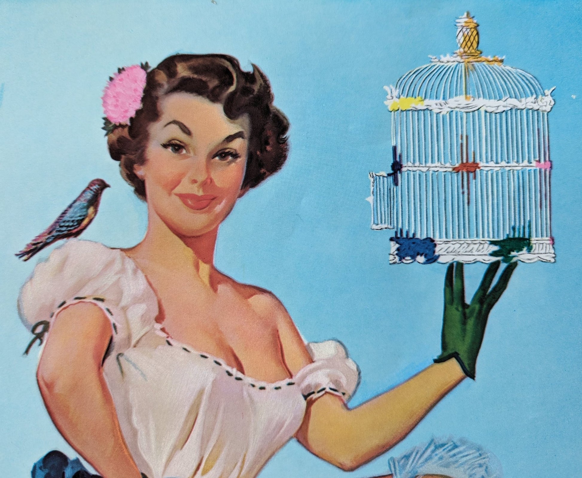 Painting the Birdcage by artist Peter Darro, mint condition vintage lithograph pinup printed in the 1950s-1970s - Pink Flamingos