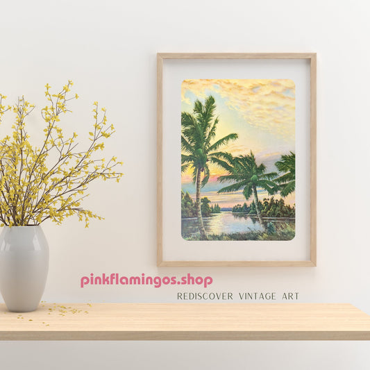 Palms at Sunset by Ogden, mint condition vintage print made before 1982 - Offset Lithograph - Pink Flamingos