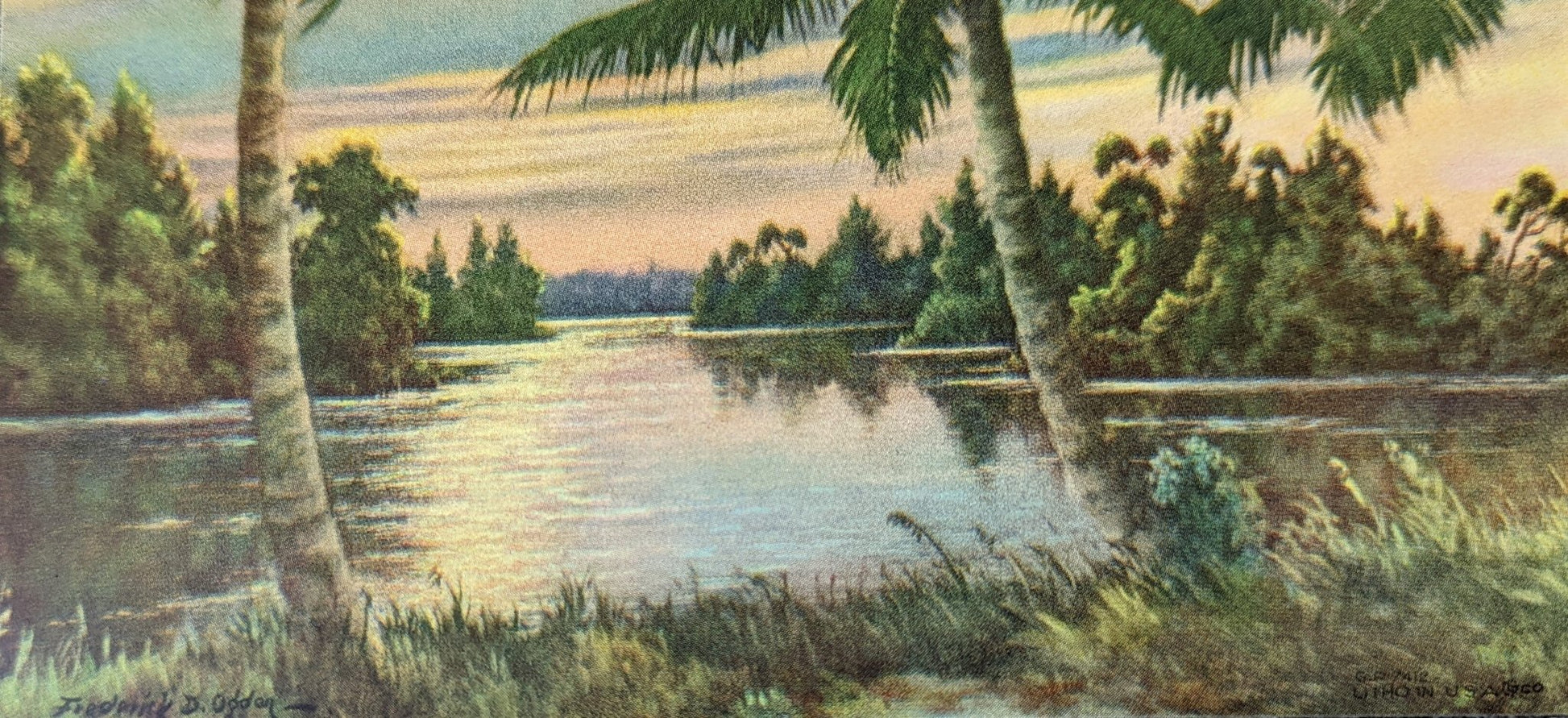 Palms at Sunset by Ogden, mint condition vintage print made before 1982 - Offset Lithograph - Pink Flamingos