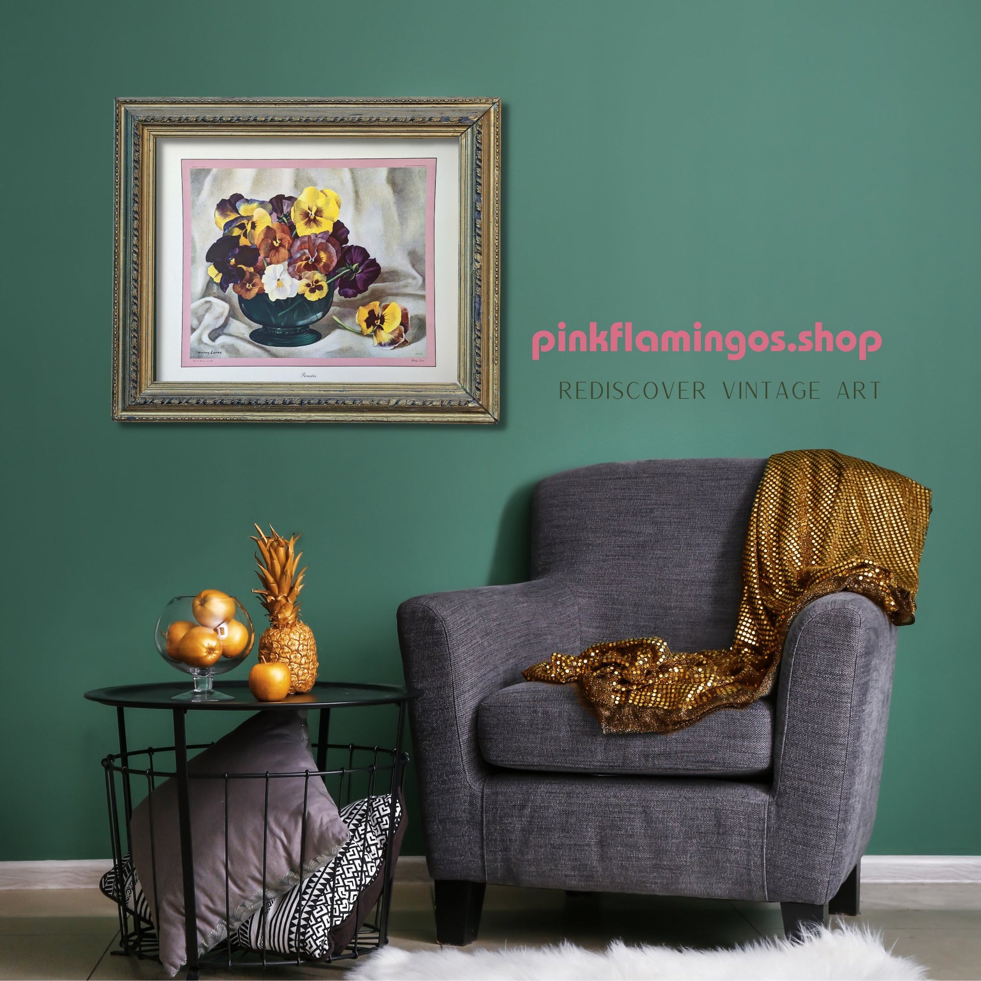 Pansies, still life by Harry Lane, mint condition vintage lithograph printed in 1945 - Offset Lithograph - Pink Flamingos