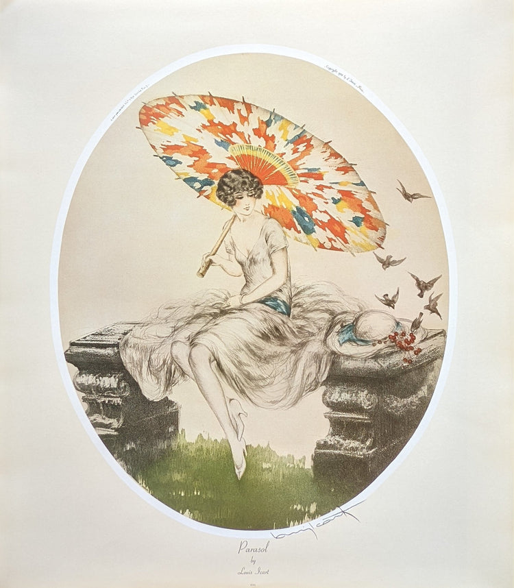 Parasol by Louis Icart, 1928 Art Deco lithograph showing woman relaxing beneath parasol