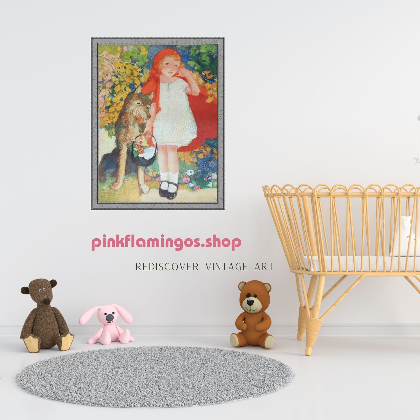 Red Riding Hood by Hencke, mint condition authentic vintage lithograph printed in the 1930s - Offset Lithograph - Pink Flamingos
