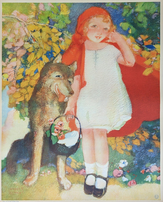Red Riding Hood by Hencke, mint condition authentic vintage lithograph printed in the 1930s - Offset Lithograph - Pink Flamingos