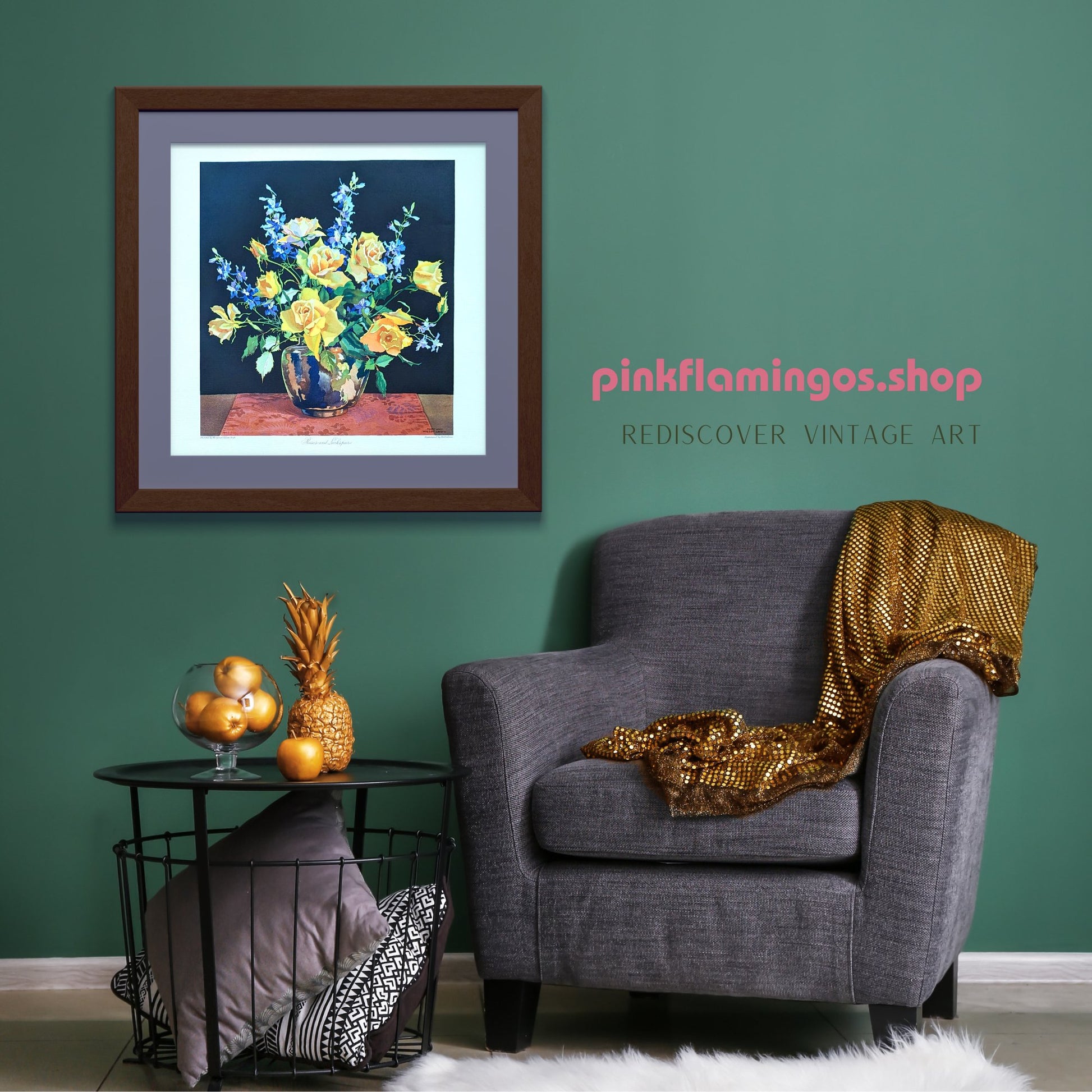 Roses and Larkspur by Mary and Nelson Grofe, mint condition vintage still life lithograph printed in the 1940s - Offset Lithograph - Pink Flamingos